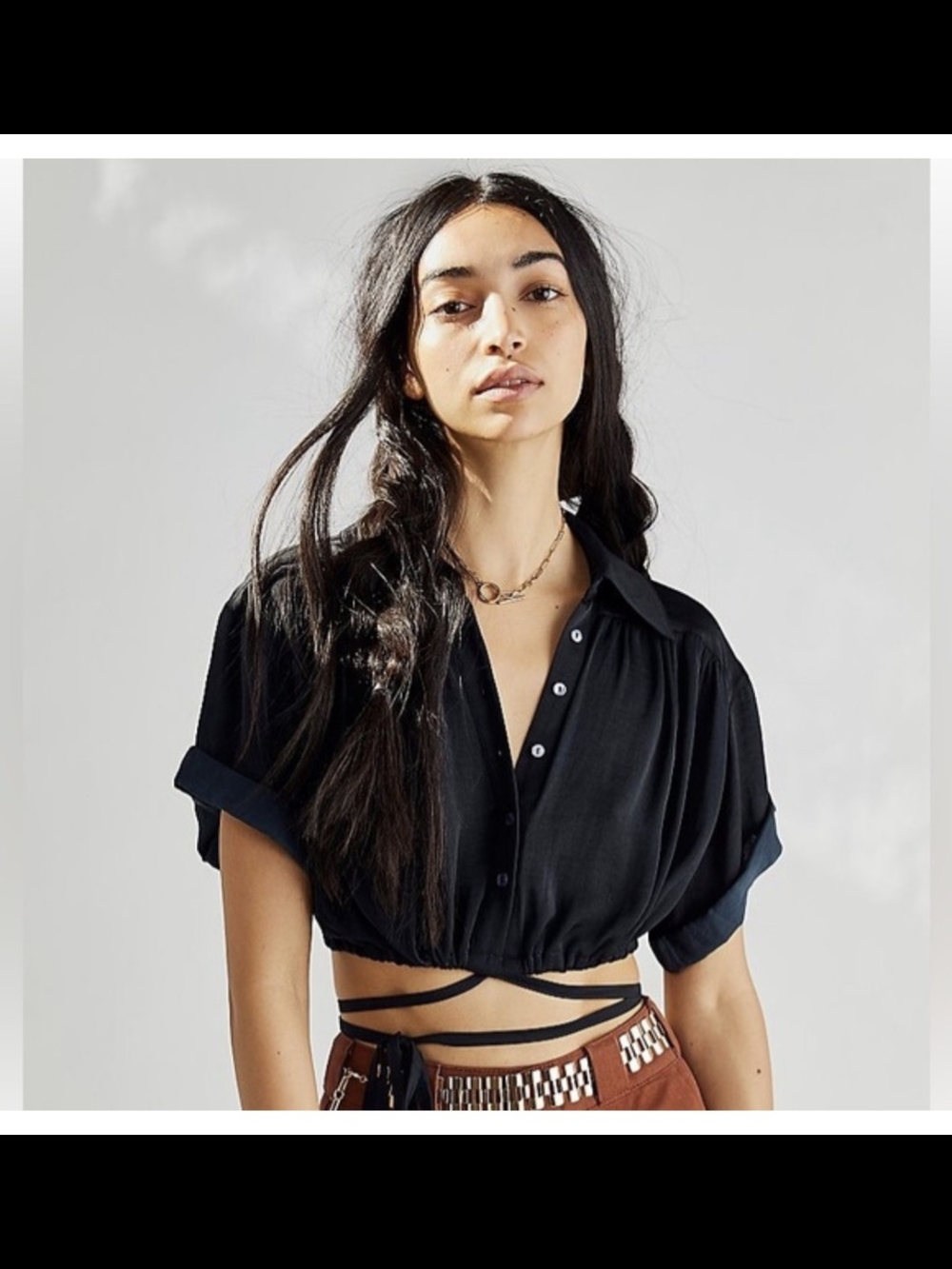 Free People All My Yesterdays Black Crop Top Blouse Button Up Size Small